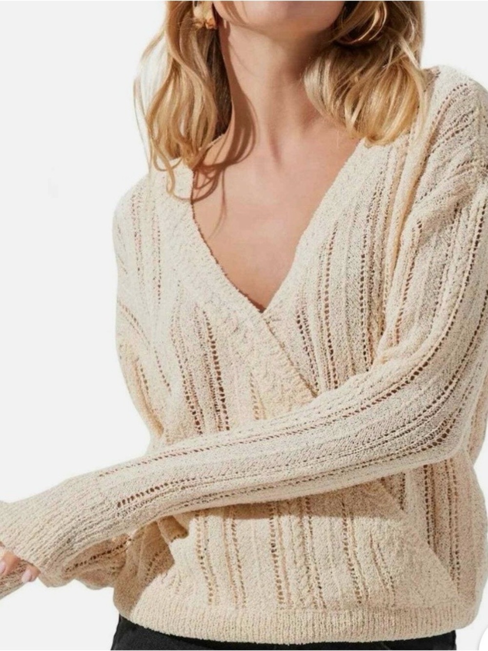 Astr Open-Knit V-Neck Sweater in Cream